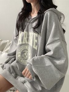 Dames Hoodies Sweatshirts Deeptown Hip Hop Zip Up Oversized Hoodies Vrouwen Harajuku Letter Print Sweatshirts Grijs Vintage Losse Fleece Winter Tops Grunge 230804