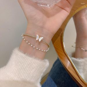 Bangle Light Luxury Double Layer Fritillaria Butterfly Female Ins Small Mouth Personalized Pearl Bracelet