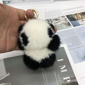 Keychains 2023 Söt härlig Panda Animal Key Chain Real äkta päls Ball Pompom Ring Bag Pendant Charm för kvinnor F337