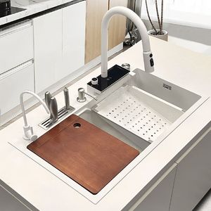 White Waterfall Kitchen Sink Stainless Steel Topmount Nano Sink with Chopping board LED Display Waterfall Faucet Wash Basin