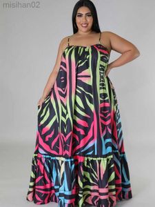 Podstawowe sukienki swobodne ZJFZML ZZ Plus Size Obranie Geometryczne ubrania geometryczne bez ramiączek Spaghetti Rękaw Big Hughemian Beach Maxi Sukienka HKD230807