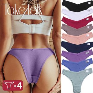 Kadınlar için Seksi Pamuk Panties V-Waist G-String Tongs Düz Renkli Kadın iç çamaşırı Low Rise Brezilyalı Külot Çamaşırı 4pcs/Set L230626