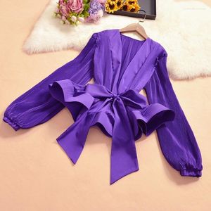 Blusas femininas 2023 no início do outono coreano bolha plissada manga comprida elástico cintura bandagem babados chiffon camisa feminina