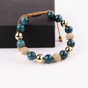 Strand de alta qualidade luxo CZ Pave bola pedra natural apatita personalizado jóias femininas pulseira macramê