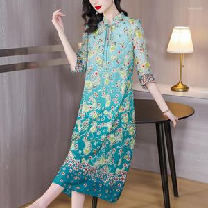 Lässige Kleider 2023 Blaue Blumenseide Elegante Damen Sommer Luxus Lose Kleid Koreanische Mode Festival Party Abend