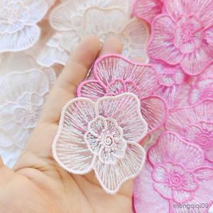 Chinese Products Pink Flower Embroidery Tulle Patches Bridal Lace Sewing Fabric Applique Beaded Tulle DIY Wedding Dress Decor R230807