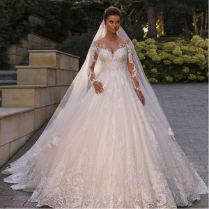 Lyxig vit vacker spets långärmad bröllopsklänningar för Dubai Sheer Neck Formal Wedding Bridal klänning Anpassa tågklänning för brud