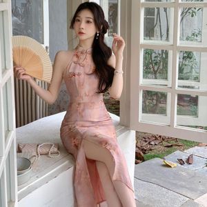 Abbigliamento etnico Stampa floreale rosa Qipao Sexy Halter Cheongsam Abito da donna in stile cinese Migliorato Slim Vestidos Abiti estivi lunghi
