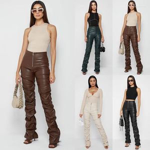 Kvinnor Pants Woman Pu Leather Flare Leg Pant Solid Color Front Zipper High midje Fold Casual Trousers S-2XL 4Color