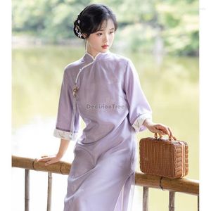 Ethnic Clothing 2023 Autumn Improved Chinese Standing Collar Zen Dress Han Elements Elegant Half Sleeve Traditional Women Cheongsam G915