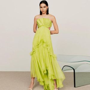 Party Dresses Strapless Bright Green Organza Evening Dress Ankle Length Woman Clothes Ruffled Folds Prom Open Back Event Gown