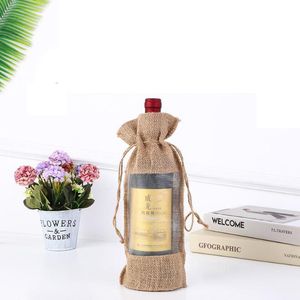 Natural Jute Burlap Wine Bottle Bag Window Champagne Packaging Gift Bag For Guest Party Decoration 14x30cm