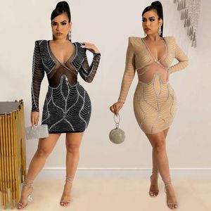 Fashion Sexy Womens Nightclub Long Sleeved Drilling Mesh See Through Dress