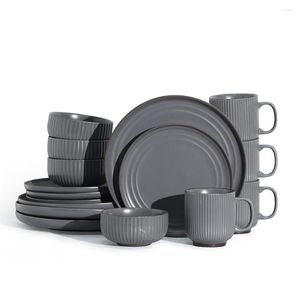 Plates 16-Piece For 4 People Ceramic Stripes Mugs Bowls Combo Porcelain Crockery Dinnerware Set Household Simple Wholesale