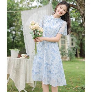 Abbigliamento etnico Abiti Qipao migliorati per le donne Estate Colletto rialzato frammentato fiore in chiffon blu nazionale cinese tradizionale