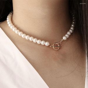 Choker Punk Imitation Pearl Necklace Gold Color OT Buckle Pendants Women Jewelry On The Neck Chain Beads
