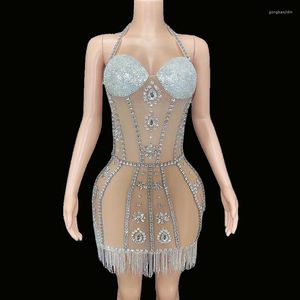 Stage Wear Sexy Sparkly Silver Rhinestone Fringes Halter Mesh Transparent Short Crystals Dress Celebrate Evening Birthday Party