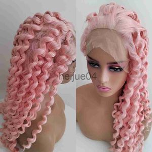 Human Hair Capless Wigs Pink Color Synthetic Lace Front Wig With Free Part Long Deep Kinky Curly Wig Cosplay Heat Resistant Fiber Wigs With Baby Hair x0802