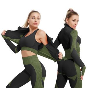 Kvinnors shorts 2/3 stycken Yoga Set Bar High-midjiga täta byxor Gym Träningskläder Lämpliga sportkläder för Women Zipper Jacket Leggings Suit 230807