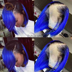 Mänskligt hår Capless Wigs Ombre Blue Bob Spets Front Human Hair Wigs 13x4 Orange 1B613 1B99J Pink Colored Short Bob Lace Frontal Wig Closure Wig X0802