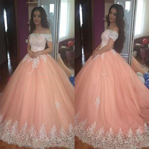 Peach Sweet 16 Quinceanera Dresses Sexy Off Shoulder Short Sleeves Ball Gown Prom Dress With Applique Corset Fluffy 2020 vestidos 224u