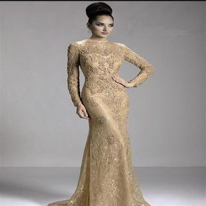 2018 Champagne Mother of the Bride Groom Dresses Crew Neck Lace Long Sleeve Illusion Appliques Beads Mermaid Evening Gowns211A