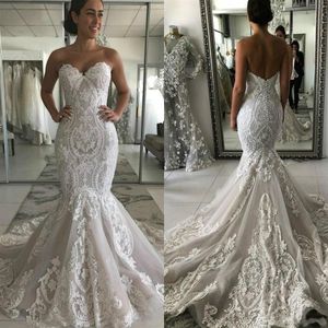 2020 New Sexy Fashion Mermaid Wedding Dresses Sweetheart Lace Appliques Sleeveless Sweep Train Open Back Plus Size Formal Bridal G2550