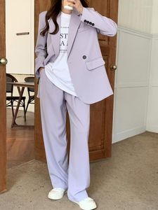 여자 2 조각 팬츠 여성 보라색 블레이저 2 조각 세트 견고한 이중 가슴 재킷 사무실 숙녀 고무 양복 여성 한국 패션