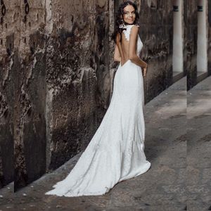 Abiti da sposa sexy con schiena aperta in pizzo bianco Abito da sposa con maniche ricoperte Abito da sposa senza schienale per la sposa