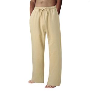 Calças Masculinas de Linho de Algodão Calças Retas de Perna Larga Vintage Cor Sólida Bolsos Cordão Elástico Calça de Praia de Cintura Alta