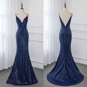 Sexy Navy Bridesmaid Dresses Deep V neck With Straps Backless Sparkly Sequin Mermaid Cheap Wedding Guest Party Prom Formal Dress C264I