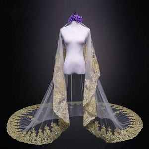 Véus de noiva projetados 2020 apliques de ouro rendas 3 metros véus de casamento para noiva branco marfim barato com pente longo véu de noiva Count220A