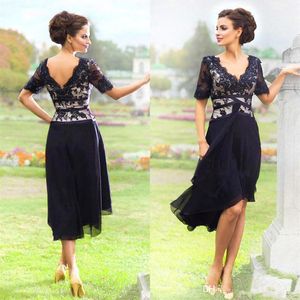 Navy Blue Chiffon Lace Knee-length Mother Of the Bride Dresses 2023 Summer Beach Wedding Party Dress Half Sleeve Plus Size Cheap G253C