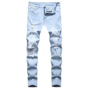 Jeans da uomo Pantaloni elasticizzati dritti per giovani in denim strappato casual Blu chiaro Moda lunga Taglie forti