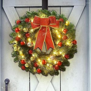 Decorative Flowers 30/40CM Christmas Wreath LED Glowing Pine Needle Bowknot Ball Indoor Outdoor Door Wall Artificial Garland Decor Party