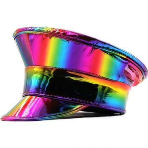 Party Hats Rainbow Women Mężczyznę Skóry wojskowy Niemcy Oficer Visor Cap Army Hat Cortical Police Capplay Halloween Hat Hat HKD230807