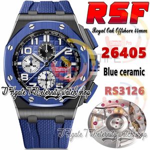 RSF IP26405 Cal.3126 A3126 Chronograph Automatic Mens Watch 44mm Blue Ceramics Bezel Black Ceramic Case Texture Dial Number Markers Rubber Strap eternity Watches