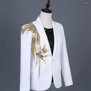 Ternos Masculinos Blazer Cantora Vestido de Performance de Palco Banquete Retrô Dourado Bordado Branco Casual Casaco