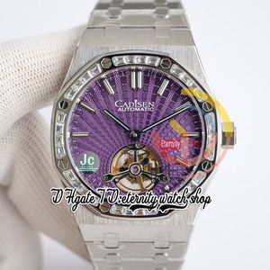 JCF zcf26522 Relógio Masculino Extra Fino A2924 Turbilhão Automático 41mm Baguete Diamantes Moldura Roxo Tapisserie Mostrador Pulseira de Aço Super Versão Relógios da Eternidade