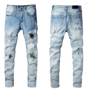 Jeans masculino AM High Street Fashion Skinny Denim Water Drop Hole Calças Masculinas Quality Blue Rasgado Patch Pencil Calças