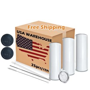 USA CA warehouse 20oz skinny White Straight Sublimation Blanks Stainless Steel Tumblers With Straws AU07