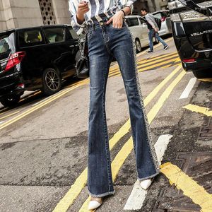 Kvinnors jeans horn 2023 Hög midja snäv mager stretch broderad höstbrett benfördröjning