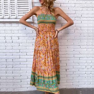 Summer Bohemian Womens Sling Printing Smocking Dress