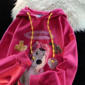 Felpe con cappuccio da donna Moda coreana Cartoon Dog Print Ins Style Dopamine Maglione con cappuccio Primavera e autunno Cappotto allentato americano High Street