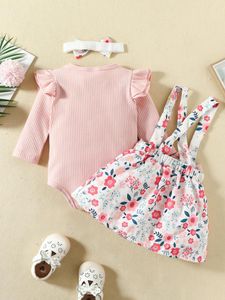 Conjuntos de roupas adorável conjunto de macacão de tricô floral com mangas babados e tiara de laço para guarda-roupa outono inverno menina