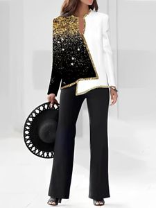 Kadınlar İki Parçalı Pantolon 2 PCS Bahar Moda Patchwork Kadın Set Zarif Ofis Lady Giyim Baskı Birleştirme Gömlek Top Uzun Setler Yaz Takımları