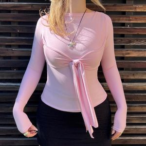 Женские футболки с длинным рукавом тонкий для женщин розовая сплошная повязка сексуальная уличная одежда Bodycon плиссированная футболка