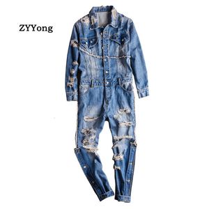 Męskie dżinsy High Street Men Dżins kombinezon Hip Hop Streetwear Hole Rubled Dżinsy kombinezonowe Dattered Cargo Pants Modne Spodnie frachtowe 230804