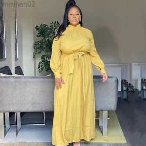 Basic Casual Dresses Plus Size Dresses Women Fall Clothes Maxi Shirt Dress with Lace Up Ladies Elegant Yellow Vintage Dress Wholesale Dropshipping HKD230807