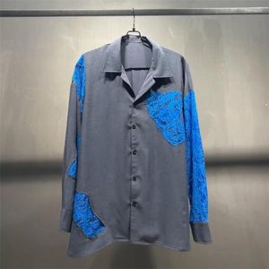 Kvinnors blusar 2023 Autumn Winter Haze Blue Royal Lace Patchwork Blus Top Long Sleeve Loose Shirts For Men Women Y4149